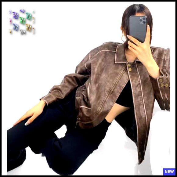 Distressed Faux Leather Bomber Jacket Oversized Motorcycle Style Fall Fashion - Picture 4 of 6